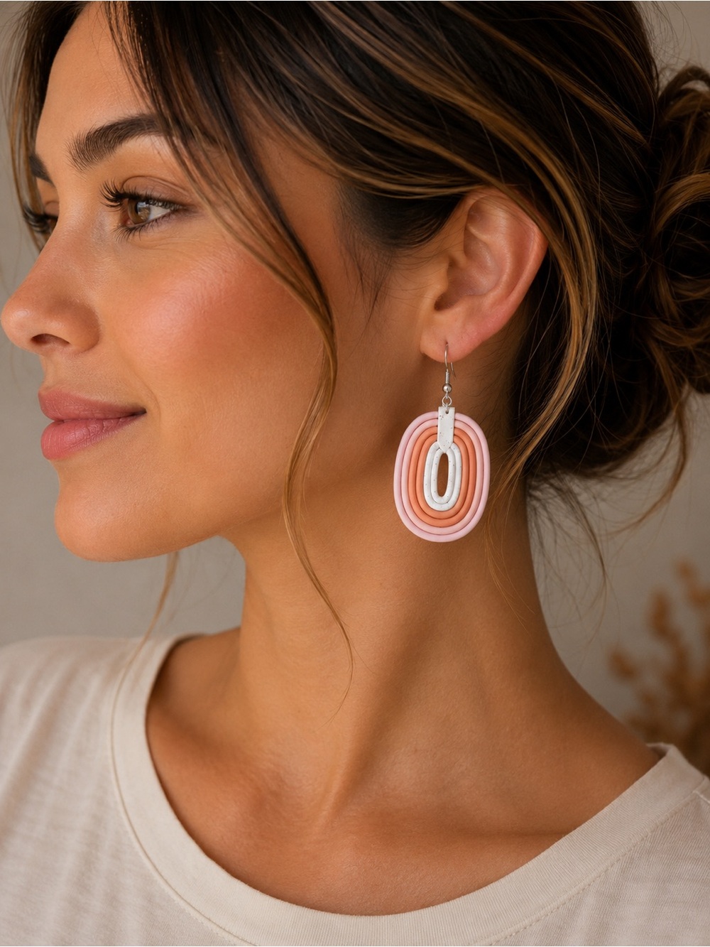 Stylish Pink & White Oval Drop Earrings